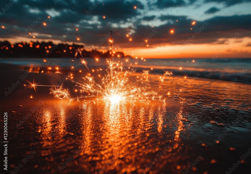 Aufkleber sparkling firework on wet sand at beach during sunset with twinkling lights and colorful sky in back