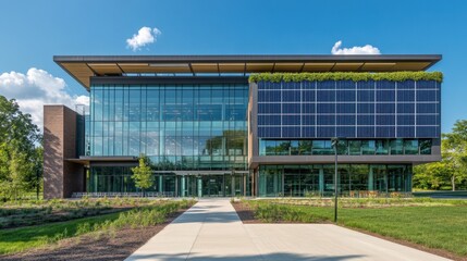 A modern college building with sleek glass walls, solar panels, and greenery integrated into the architecture, showcasing sustainable design