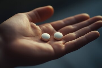 Close-up of hand holding two white pills