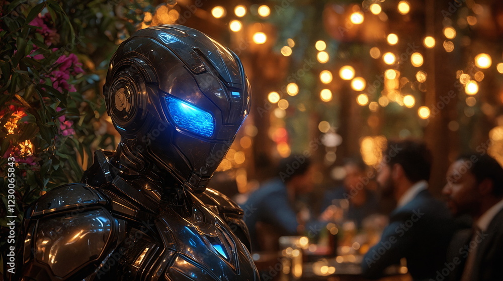 Poster glowing blue-eyed robot standing in a lively setting surrounded by warm string lights and dining pat