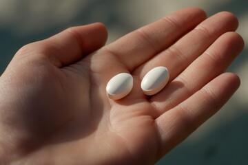 Hand holding two white pills in close-up view