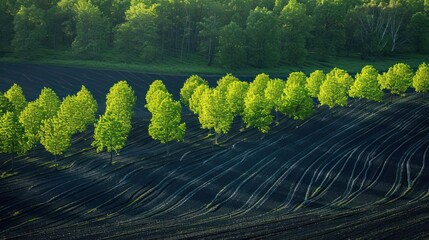 Lush green trees line a freshly plowed black field under soft morning light, showcasing nature's beauty
