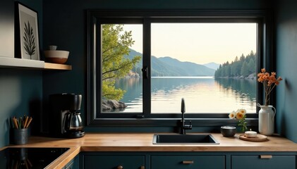 Cozy black kitchen by the lake with a coffee maker on the wooden counter top, calming ambiance, inviting decor, relaxation spot