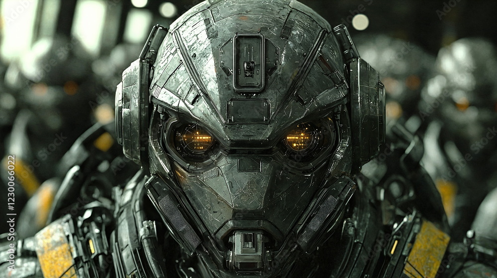 Poster futuristic robotic soldier with glowing eyes in a high-tech environment standing among other similar