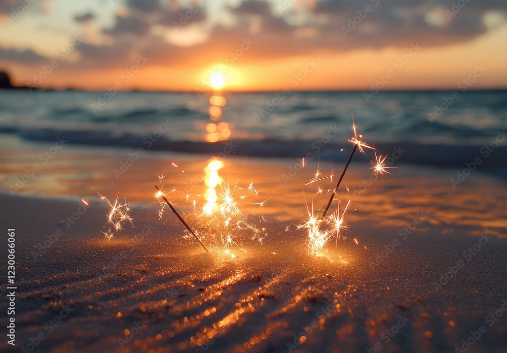 Aufkleber sparkling fireworks on beach sand at sunset with glowing horizon and gentle ocean waves in backgroun