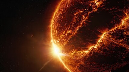 Obraz premium sun, planet, space, solar, star, light, earth, abstract, astronomy, fire, globe, eclipse, universe, glow, red, hot, galaxy, science, blue, illustration, energy, moon, heat, orange, world