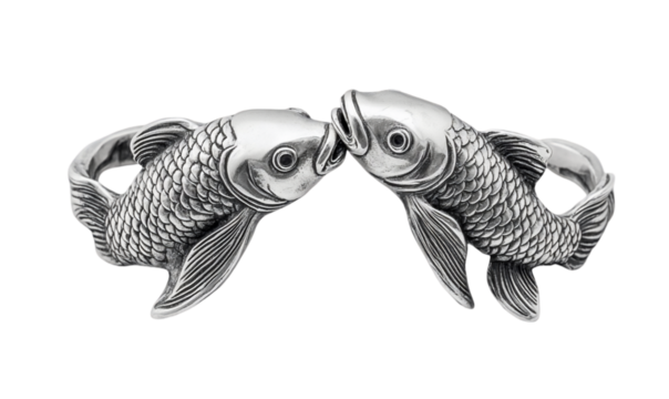 Pair Of Silver Koi Fish Rings Detailed Close Up Studio Shot