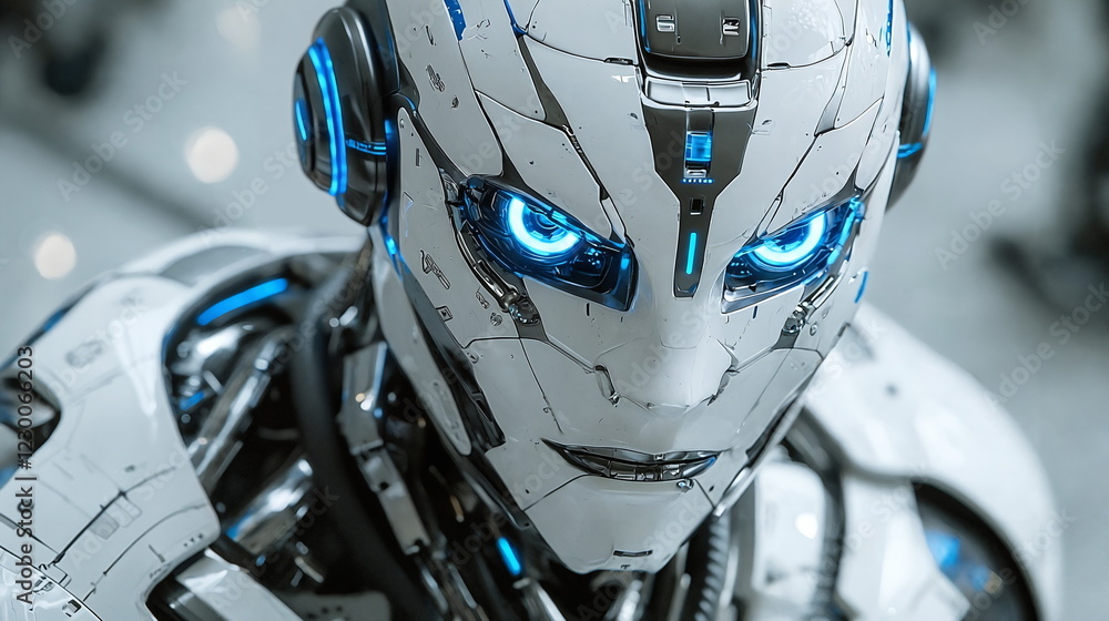 Aufkleber futuristic humanoid robot with glowing blue eyes and intricate metallic design in a modern technolog