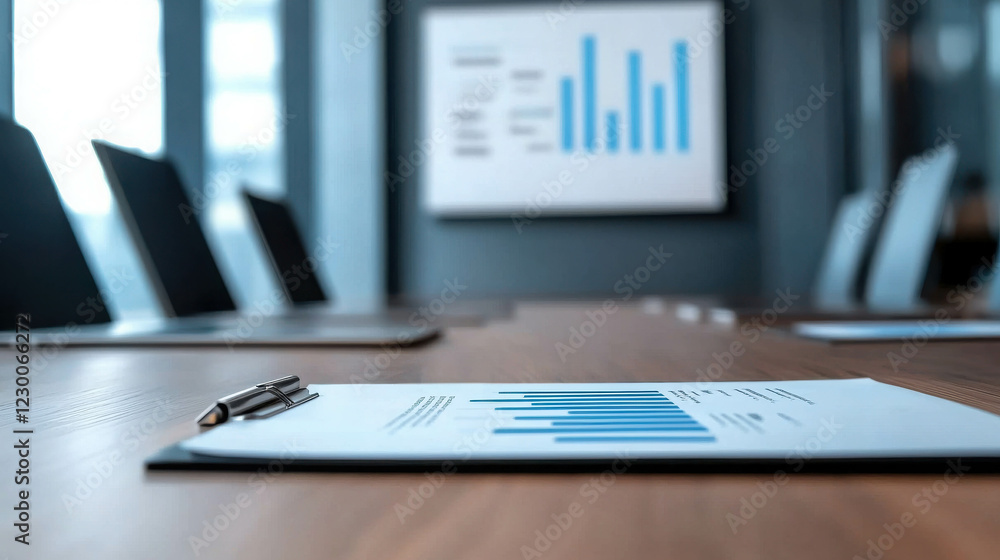 Poster sleek and minimalist boardroom setting with large table and data presentation on wall