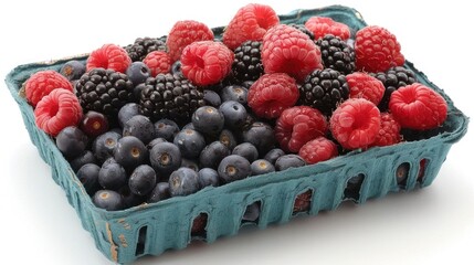 Freshly picked mixed berries in a teal basket, showcasing vibrant colors and textures