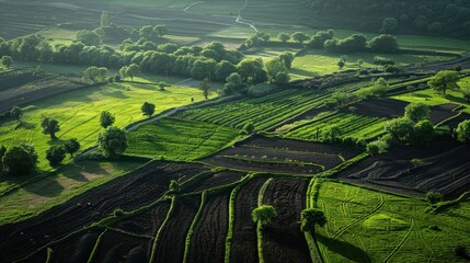 Fototapeta premium Aerial view of lush green farmland with varying crop patterns and winding paths under soft sunlight