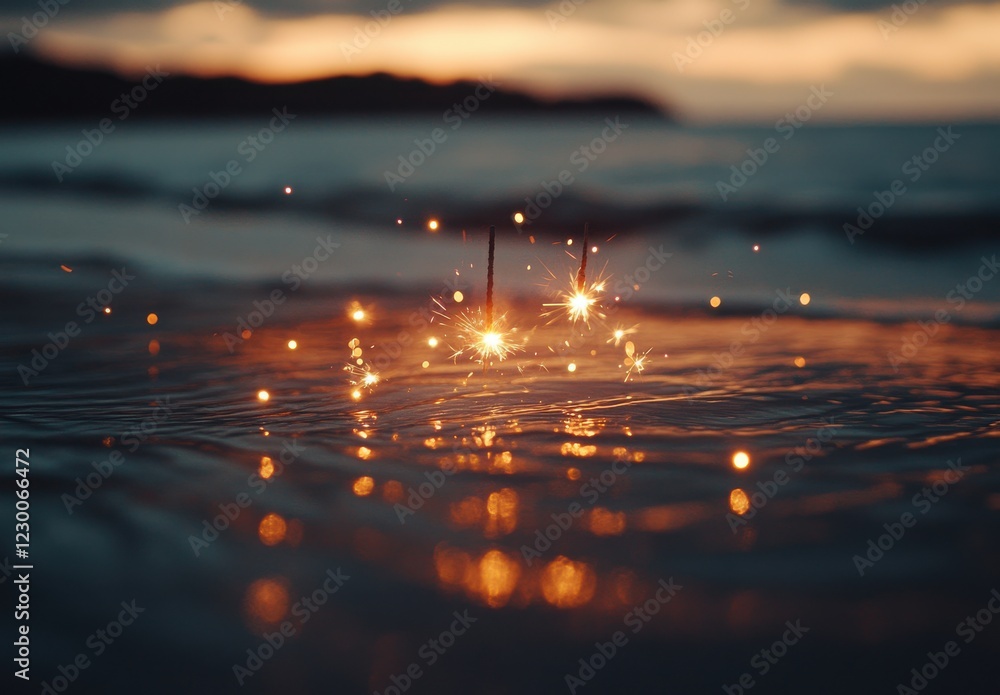 Aufkleber sparkling fireworks reflected on calm ocean surface at dusk, creating a magical atmosphere with gent