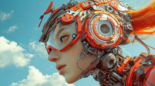 Futuristic female cyborg with intricate mechanical elements and bright orange accents set against a blue sky with clouds, emphasizing a blend of technology and human features.