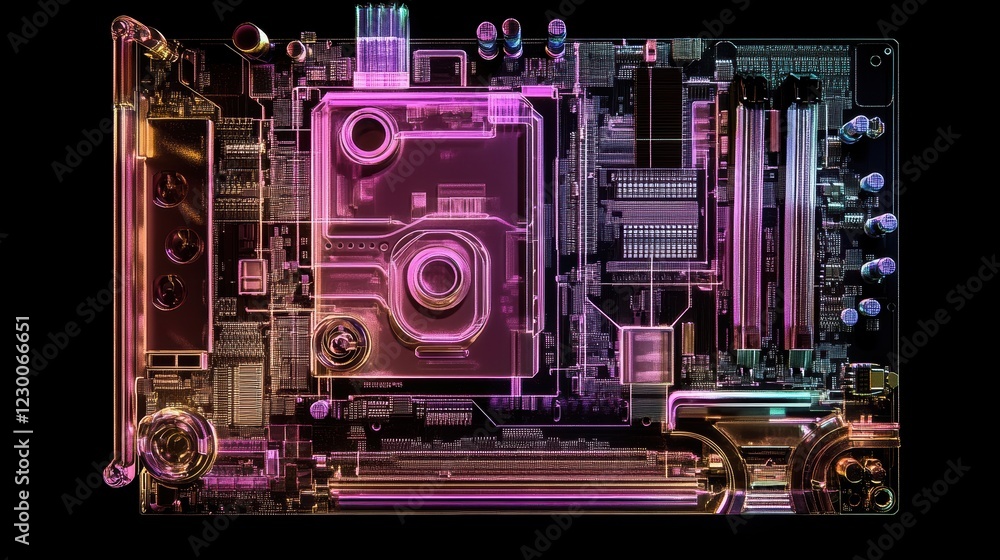 Poster exploring high-tech cpu designs virtual lab with gigapixel detail & heat management focus
