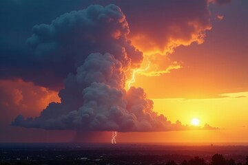 Fototapeta premium Cumulonimbus clouds illuminated by a golden sun at sunset, golden light, lightning, landscape
