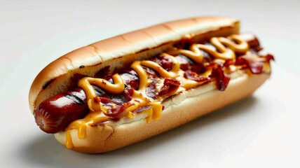 Hotdog with bacon, cheese, ketchup and mustard. Isolated on white surface. Room for copy space. Fast food, junk food, street food concept.