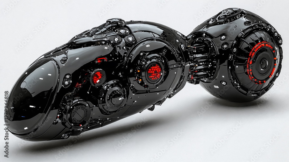 Poster sleek black futuristic robotic pod with intricate detailing and glowing red accents on a smooth whit
