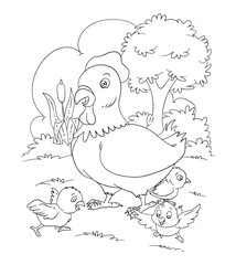 A drawing of a hen with their babies