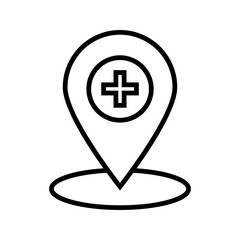 hospital location map pointer, cross icon with location pin, black filled symbol isolated on white background, vector marker, first aid sign