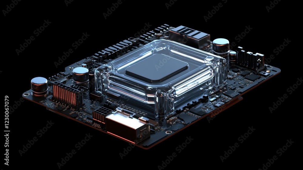 Poster high fidelity digital artwork of minimalistic cpu model in studio setting with black background