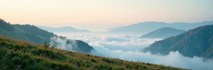 Obraz premium Soft wisps of fog float above a serene landscape , misty, abstract background, fog