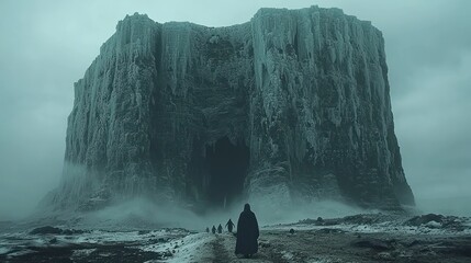 Figures approach a massive icy cliff face