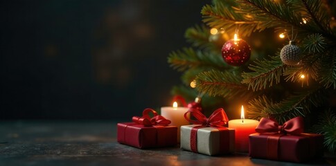 Fir tree with lit candles and wrapped presents, candle, fir