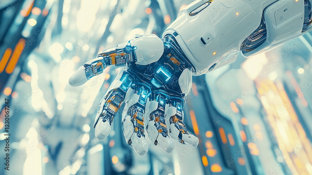 Aufkleber futuristic robotic hand reaching out with glowing blue lights in a high-tech environment surrounded 
