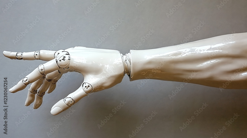 Poster artificial robot hand model reaching out with articulated fingers, intricate joint design, sleek sur