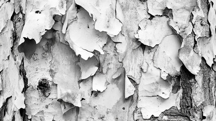 Obraz premium Close-up of textured tree bark with peeling layers in monochrome, showcasing nature's decay and beauty