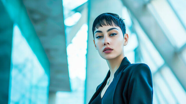 Confident businesswoman with bold pixie haircut in modern glass building embodying individuality and leadership. Perfect for self-expression, diversity, hair identity campaigns and corporate branding