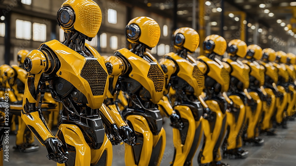 Poster robots lined up in a high-tech industrial setting with yellow and black colors, showcasing advanced 