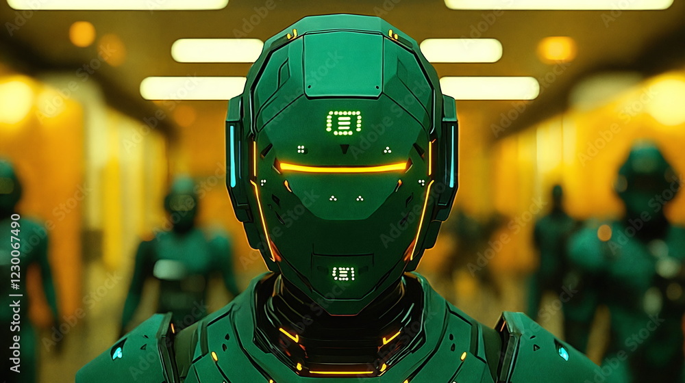 Aufkleber futuristic green robot with glowing lights standing in a dimly lit corridor surrounded by other robo