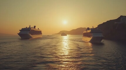 Obraz premium Ships Sailing in Golden Sunset Over Calm Mediterranean Sea
