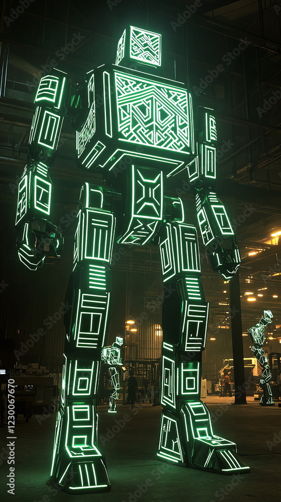 Aufkleber giant illuminated robot standing in a dimly lit warehouse with glowing geometric patterns, surrounde