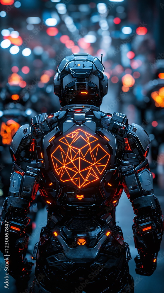 Poster futuristic robot standing in a high-tech urban environment with glowing orange geometric patterns su