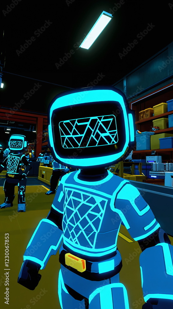 Poster neon characters in futuristic environment with glowing outlines and digital aesthetics standing in w