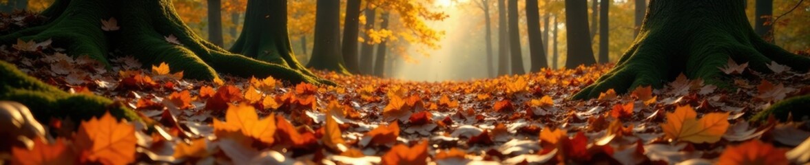 Forest floor covered in a layer of fallen leaves, nature photography, forest landscape, trees