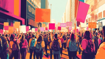 Obraz premium A powerful women's protest scene, streets filled with activists holding equality signs, diverse participants, vivid energy