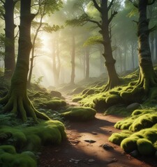 Soothing forest landscape with moss covered trees and soft sunlight filtering through leaves, organic elements, tree bark