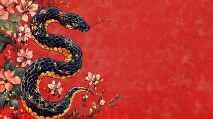 Obraz premium Snake design with floral patterns on red backdrop.