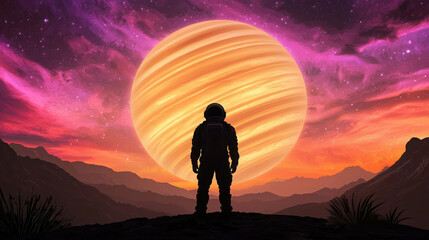 Fototapeta premium Astronaut Standing on Distant Planet Surface Against Colorful Cosmic Background