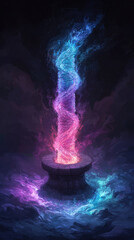 vibrant magical vortex spirals upward from stone pedestal, creating enchanting atmosphere