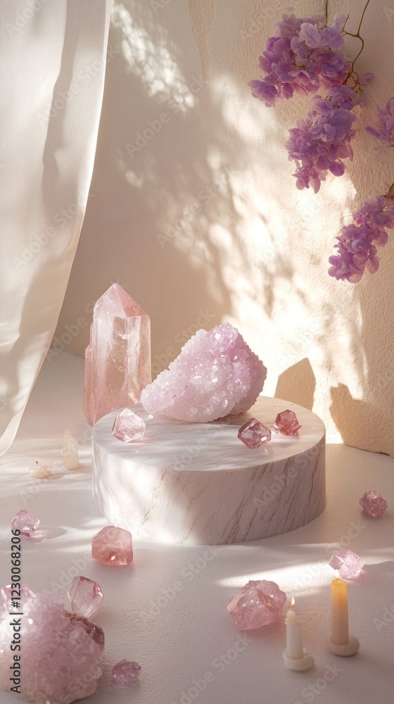 Poster a serene setting features a glossy porcelain podium showcasing scattered pink crystals and candles, 