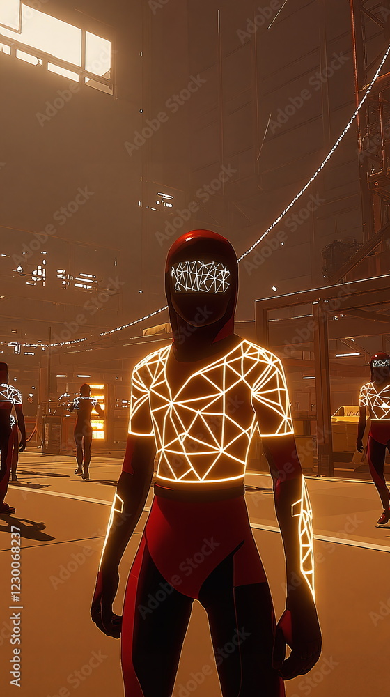 Poster futuristic character in illuminated geometric suit standing in a high-tech environment with glowing 