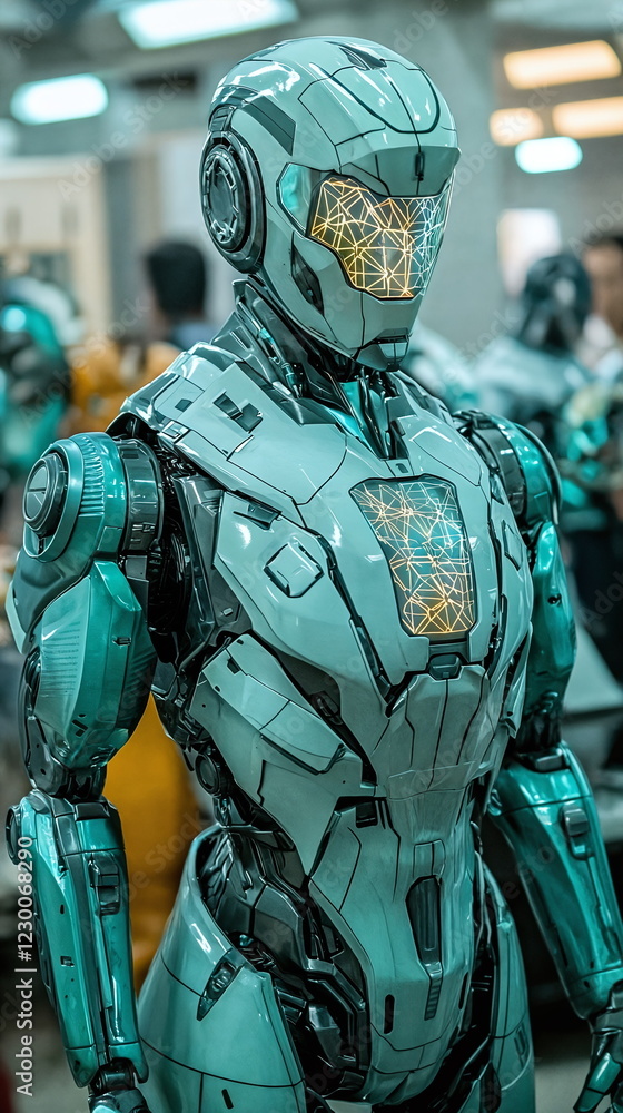 Poster futuristic robotic figure with blue metallic finish and intricate glowing patterns standing in a cro