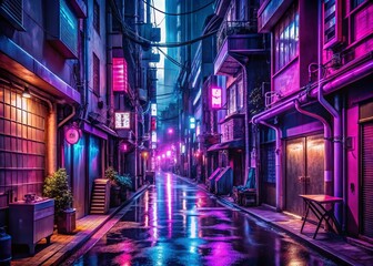 Fototapeta premium Cyberpunk Tokyo Night Alleys: 3D Anime Illustration, Magenta & Purple Neon Lights, High Depth of Field