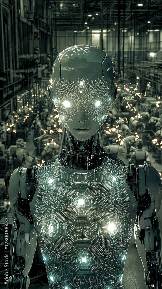Poster shiny metallic humanoid robot standing in a futuristic factory with glowing lights surrounded by oth
