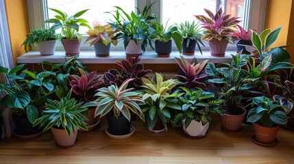 Lush indoor garden featuring a variety of vibrant houseplants arranged on a sunny windowsill
