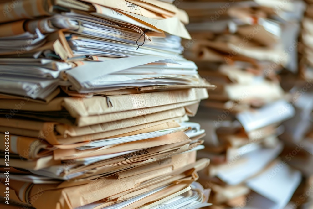 Aufkleber stack of old paper files with a vintage paper texture creating a messy pile